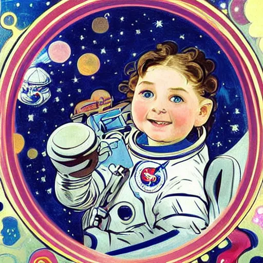 Image similar to a cute little girl with a round cherubic face, blue eyes, and short wavy light brown hair smiles as she floats in space with stars all around her. she is an astronaut, wearing a space suit. beautiful painting with highly detailed face by quentin blake and alphonse mucha