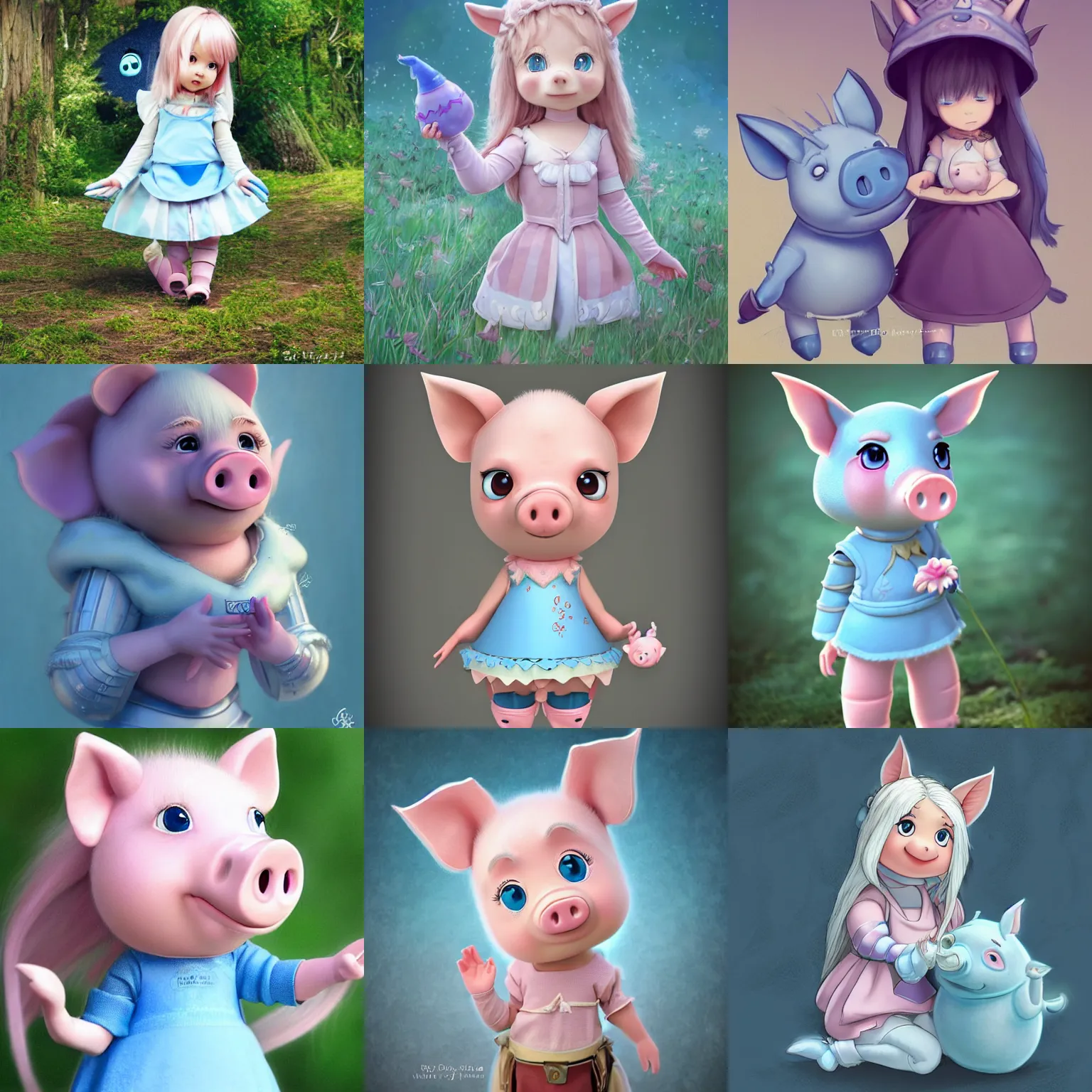 Prompt: very cute and adorable little piggy knight princess, big beautiful blue eyes, piglet, fantasy forest, pale blue outfit, pretty, semi realistic, hyper detailed, 8k, studio Ghibli, Pixar, Nintendo, DeviantArt, Instagram, Behance, Artstation, trending on artstation, Pixiv, Pixiv daily ranking, Yee Chong Silverfox, Sydney Hanson, Mickael Lelièvre, Jaeyeon Nam, derevschikova, Ross Tran