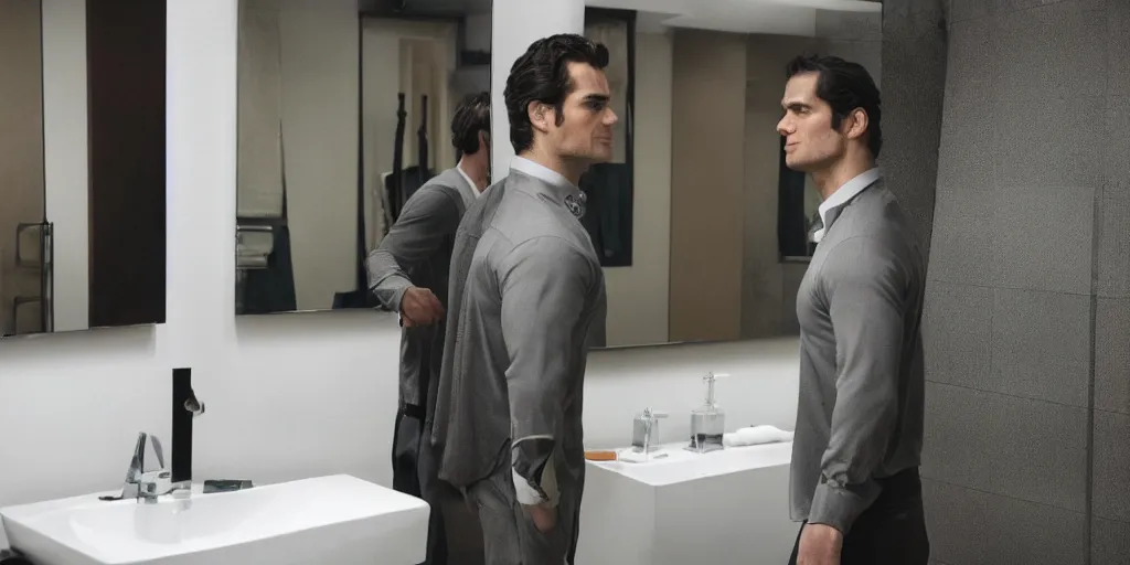 Image similar to ultra wide angle photo of henry cavill dressed in a a green flannel shirt and black dress pants as clark kent looking at himself in a bathroom mirror and seeing his reflection as superman