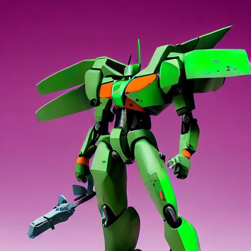 Prompt: a long shot of a jaeger which based on the concept of evangelion unit 01, green + orange + purple, with tail, animal style head, in the style of the movie pacific rim, detailed, 4k, painted by Ashley Wood
