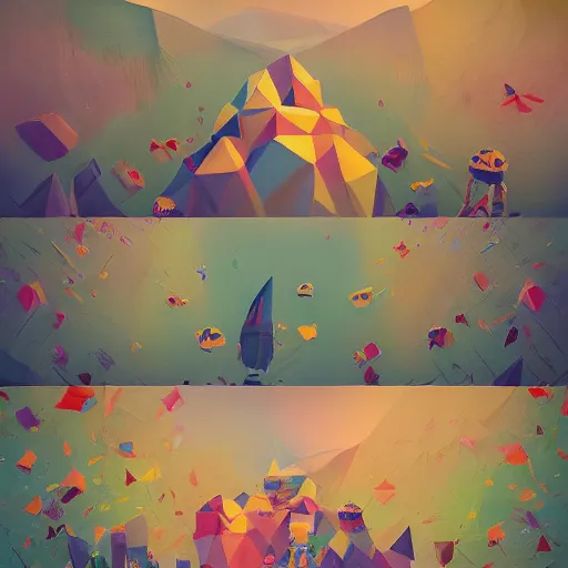 Prompt: low poly, pixar, a beautiful painting of a naturaleza alieniegena y extranas figuras, todo hecho con papel de pinata, mandala, grunge textures con explosion of color, simon stalenhag, gediminas pranckevicius