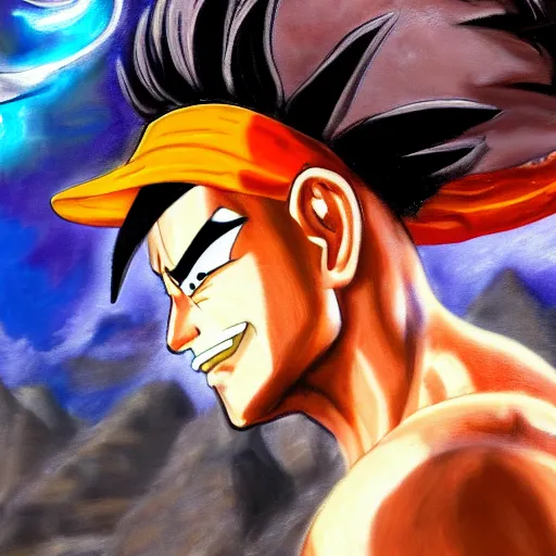 Image similar to an oil painting of a igoku wearing a hip - hop rap hat drawn by frank frazetta, hd, hdr, ue 5, ue 6, unreal engine 5, 3 d, cinematic 4 k wallpaper, 8 k, ultra detailed, high resolution, artstation, award - winning pencil drawing