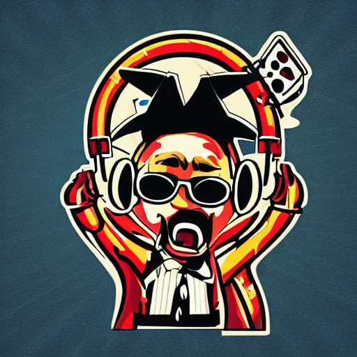 Image similar to svg vector sticker of absolutely insane-mad-scientist-villain, rocking out, wearing headphones, huge speakers, dancing, rave, DJ, spinning records, digital art, amazing composition, rule-of-thirds, award-winning, trending on artstation, featured on deviantart