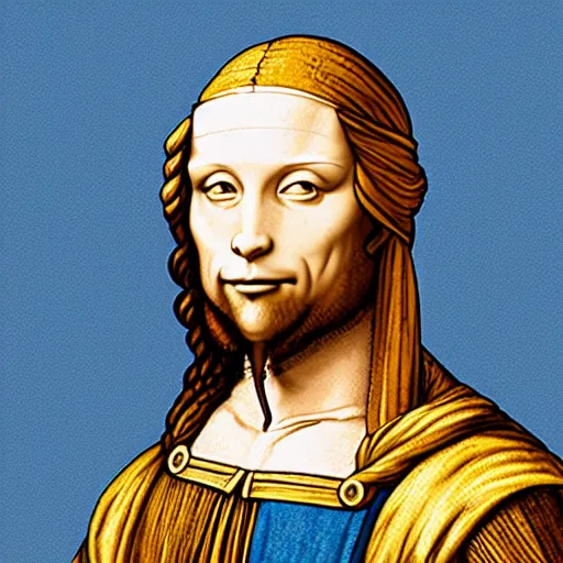 Image similar to blue and yellow illustration portraying leonard da vinci