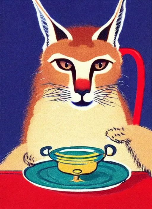 Image similar to an extreme close - up portrait of a cute fluffy caracal drinking tea, samovar, by billy childish, thick visible brush strokes, shadowy landscape painting in the background by beal gifford, vintage postcard illustration, minimalist cover art by mitchell hooks