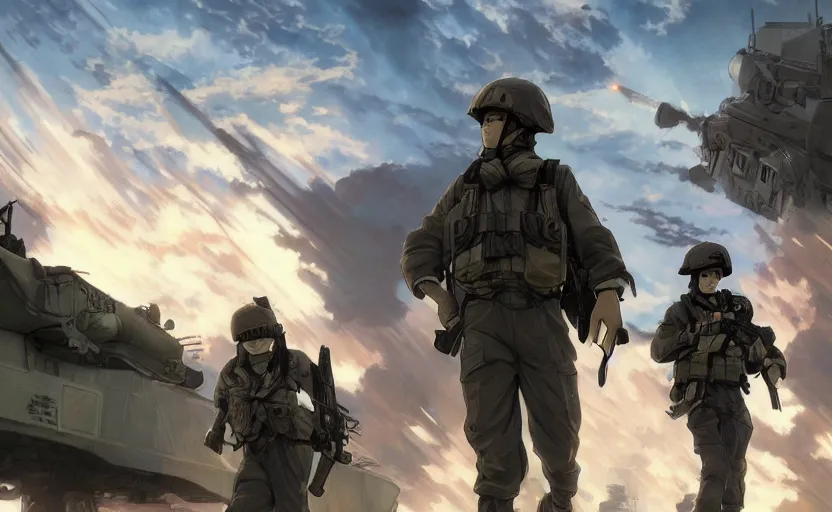 Prompt: anime style, modern warfare, panoramic view, searchlights in background, soldier clothing, hair down, real faces, symmetrical facial features, from arknights, hyper realistic, wallpaper, detailed drawing, trending pixiv, safebooru, volumetric lights, realistic lighting, by alphonse mucha, greg rutkowski, sharp focus, backlit, mechanized transport