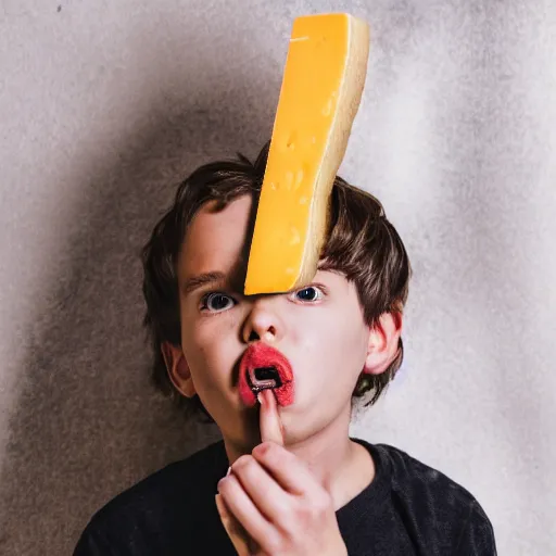 Prompt: boy eating a big piece of cheese, Tattoo, Shot on 70mm, by Wētā FX