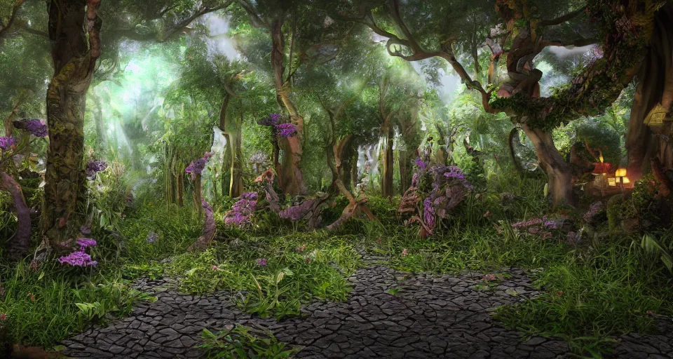 Image similar to Enchanted and magic forest, with 3D render