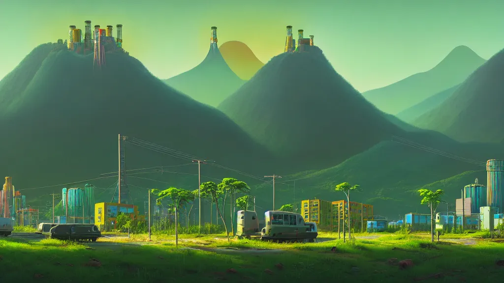 Image similar to Nuclear Nature Solarpunk harmony; the mountains and city are towered over by giant nuclear power plants covered with foliage; by Oswaldo Moncayo; by Simon Stålenhag, oil on canvas; Art Direction by James Cameron; Location: Quito Ecuador 4K, 8K; Ultra-Realistic Depth Shading