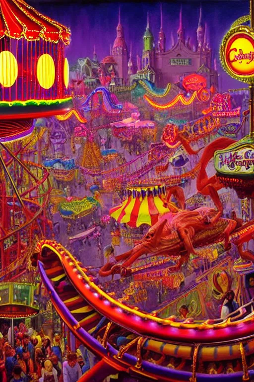Image similar to a hyperrealistic detailed painting of an ornate carnival in town with rides, glowing lights, colorful, chimeric horror creatures riding a rollercoaster. cinematic lighting, depth perspective, depth of field, cinematic angle, by chris cunningham and richard corben, highly detailed, vivid color,