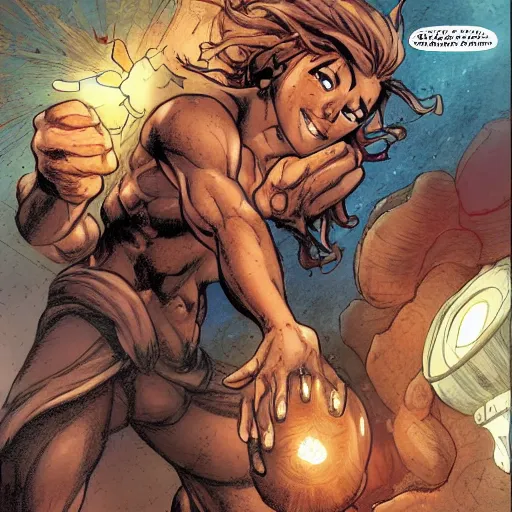 Prompt: a young brown skinned brown haired genie, with abs, emerging from a lamp, rippling with magic, smiling enthusiastically appearing as a character in volume 6 of Metabarons, drawn by Mobius - masterpiece of evocative linework and expressive colours