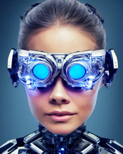 Image similar to centered portrait of soulful young brooke burke as a solarpunk mecha humanoid robotic parts wearing crystal goggles with bright led lights, real human face, pudica gesture bouguereau style, in white room, ultra - realistic and intricate, soft portrait shot 8 k