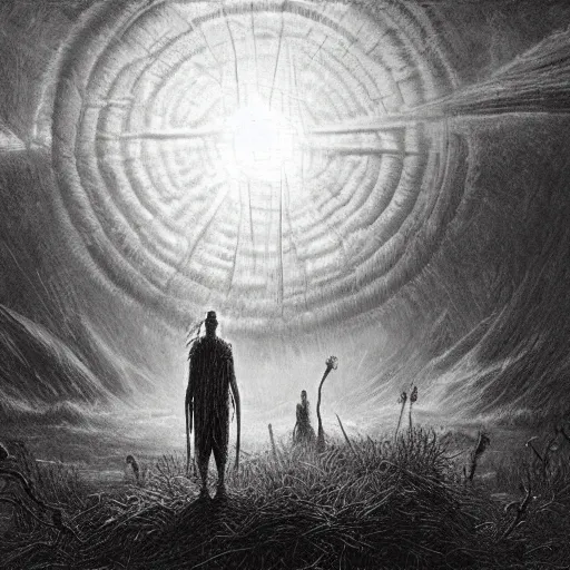 Prompt: Tribals crop circle blood rain, horror Gustave Doré Greg Rutkowski