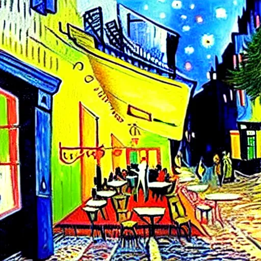 Image similar to Realistic version of Cafe Terrace at night by Vincent Van Gogh