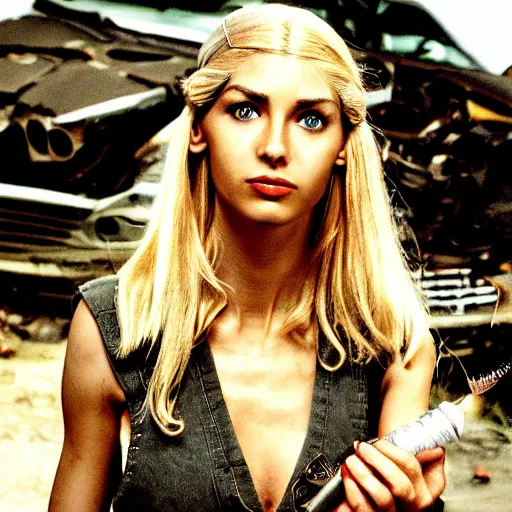 Prompt: a skinny female high-fantasy elf with a long face narrow chin and short spiky blonde hair wearing dark brown overalls and holding a bomb next to a destroyed car, gel spiked blond hair, small ears, narrow lips, high resolution film still, HDR color