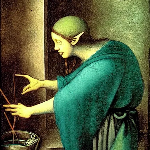 Image similar to An elf with teal hair planting seeds in a haunted house, Painting by Leonardo Da Vinci