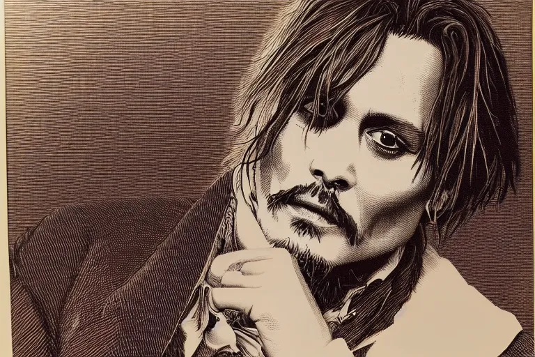 Prompt: An engraved portrait of Johnny Depp , detailed!!! copper-plate engraving, fine!!! lines, Bureau of Engraving and Printing