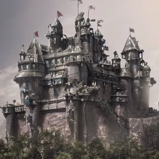 Image similar to photo of a futuristic metal castle with guns