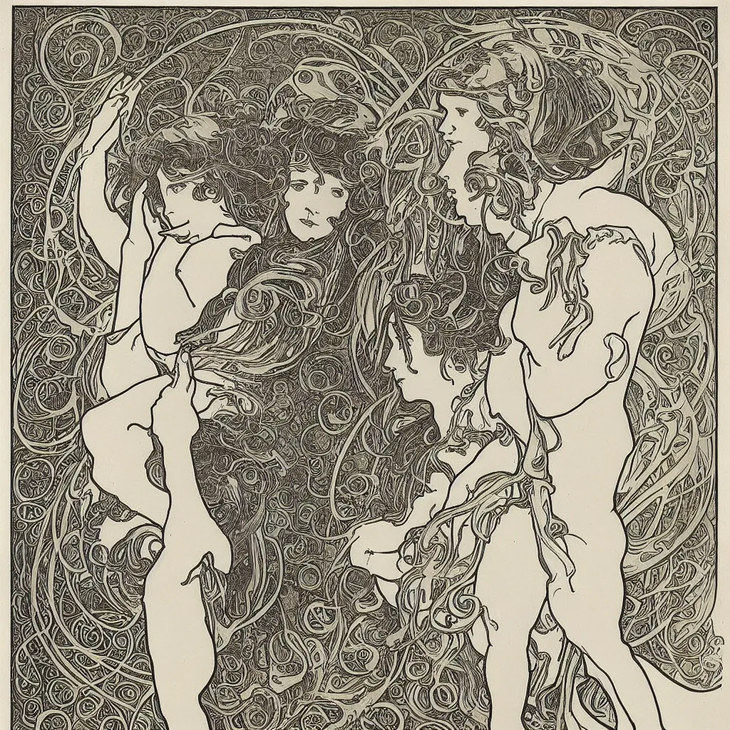 Prompt: organic psychedlic engraving by alphonse mucha and gustave klint