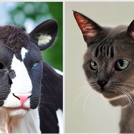 Prompt: cross between a cute cat head and a cow , natural, photorealistic ,photo