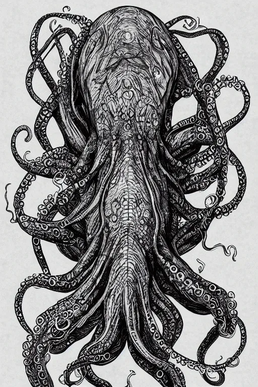 Image similar to portrait of octopus cthulhu in the style of Rob Lefield and Dan Mumford , trending on artstation, digital art,surrealism ,macro,blueprint ,vaporwave , black outline