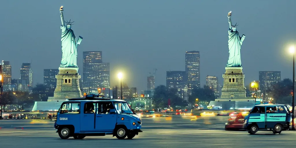 Image similar to a lonely blue tuk tuk with the statue of liberty in the background, night, full color