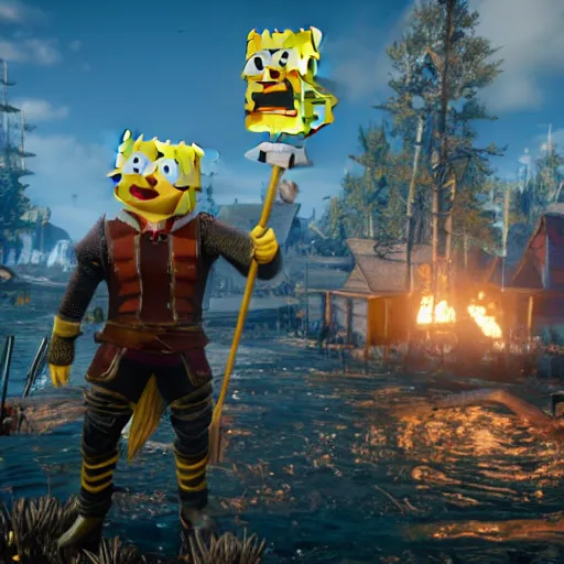 Image similar to Spongebob in The Witcher 3, gameplay, 8k, HD