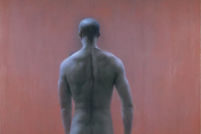 Prompt: back view of a man wearing crumpled robe standing in front of the painting in the minimalist art gallery, retrofuturism, symmetry, highly detailed, high sharpness, modern sci - fi movie, by beksinski and rutkowski