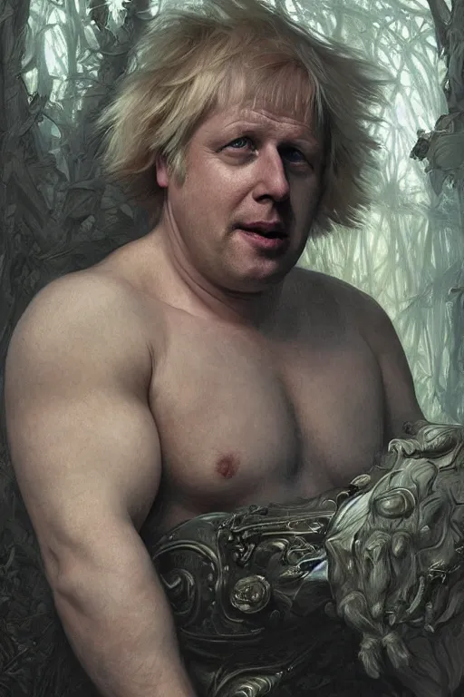 Prompt: portrait of boris johnson as a very pale hulking herculean demon, big pot belly, forest, godlike, full body, fantasy, intricate, elegant, highly detailed, digital painting, artstation, concept art, sharp focus, illustration, art by artgerm and greg rutkowski and alphonse mucha