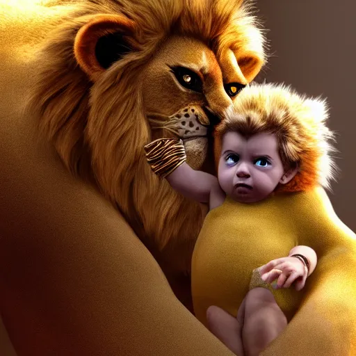 Image similar to eccio auditore holding baby simba as in the lion king