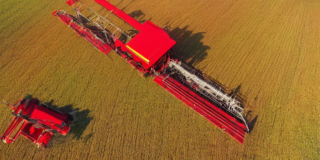 Image similar to A giant red harvester working in the corn field, aerial view, photo realistic image, 4K, super detailed, golden hour look