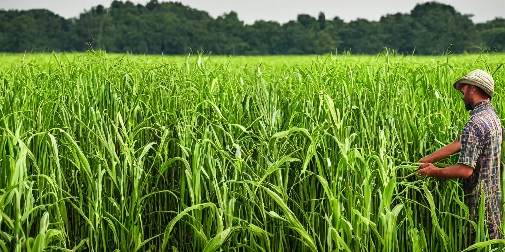 Image similar to a beautiful view of a farmer working in wheat field and there is a beautiful jungle behind the field, professional photography