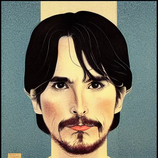 Prompt: “ christian bale portrait by ikenaga yasunari and ayana otake and ko rakusui, 6 0 s poster, drawing, realistic, sharp focus, japanese, dreamy, nostalgia, faded, golden hues, floral clothes, porcelain skin ”