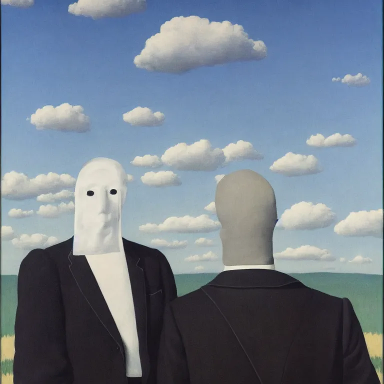 Image similar to portrait of a faceless white masked - head man in a suit, clouds and nature landscape in the background, by rene magritte, detailed painting, distance, centered, hd, hq, high resolution, high detail, 4 k, 8 k