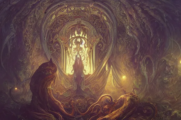 Prompt: a lovecraftian painting of a demonic shrine, occult, cult members, cosmic horror elements, ultra realistic, concept art, intricate details, eerie, highly detailed, photorealistic, octane render, 8 k, unreal engine. art by artgerm and greg rutkowski and alphonse mucha