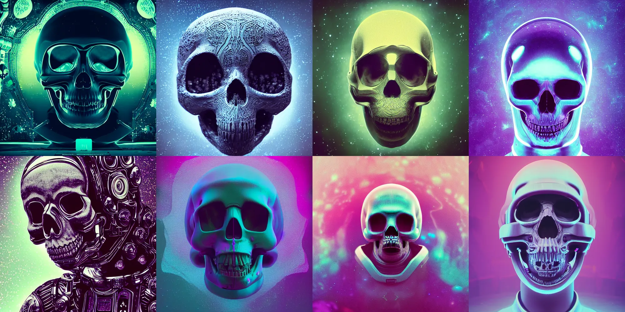 Prompt: astronaut skull head, cosmic horror, abstract, ghostly, arcade, duotone, poltergeist, epic lighting, intricate, elegant, highly detailed, smooth, sharp focus, unreal engine 5, raytracing, in the style of beeple and mike winkelmann, ultraviolet colors,