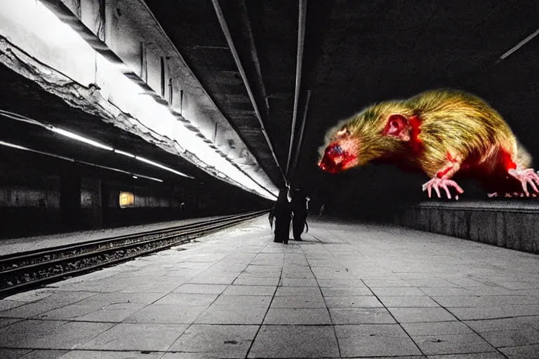 Prompt: very large giant mutant zombie irradiated ( angry rat ) staying on railways in tonnel of moscow subway. giant rat. 4 k, very realistic. extreme long shot, low dark light, scary mood, anish kapoor, herman nitsch.