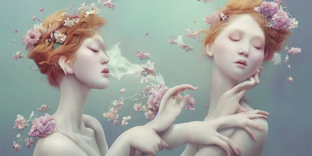 Image similar to highly detailed pastel colors of an ethereal ginger beauty morphing gradually into flowers, by artgerm and hsiao - ron cheng, smooth composition, fine patterns and detail