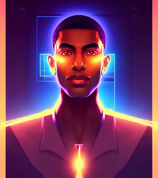 Image similar to symmetry!! egyptian prince of technology, solid cube of light, hard edges, product render retro - futuristic poster scifi, lasers and neon circuits, brown skin man egyptian prince, intricate, elegant, highly detailed, digital painting, artstation, concept art, smooth, sharp focus, illustration, dreamlike, art by artgerm