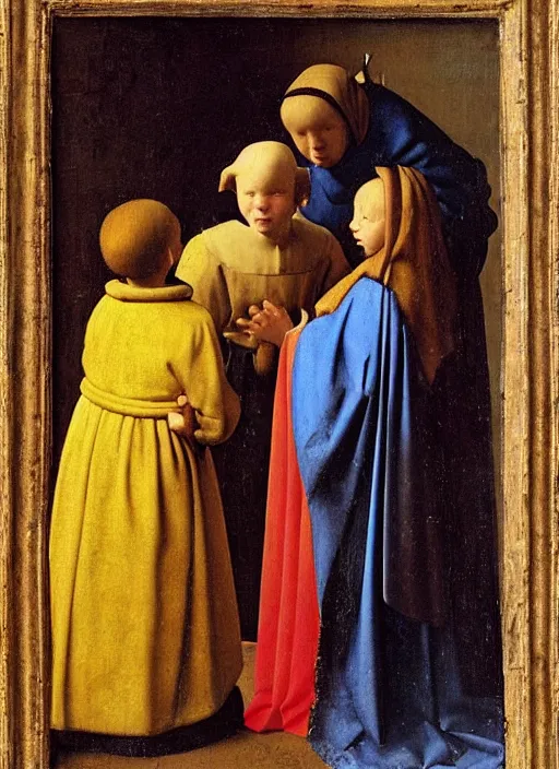 Image similar to Two little brothers meet a young man, medieval painting by Jan van Eyck, Johannes Vermeer, Florence