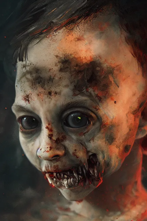 Prompt: A portrait of a zombified young child by Greg Rutkowski, Sung Choi, Mitchell Mohrhauser, Maciej Kuciara, Johnson Ting, Maxim Verehin, Peter Konig, Bloodborne, 8k photorealistic, cinematic lighting, HD, high details, dramatic, dark atmosphere, trending on artstation