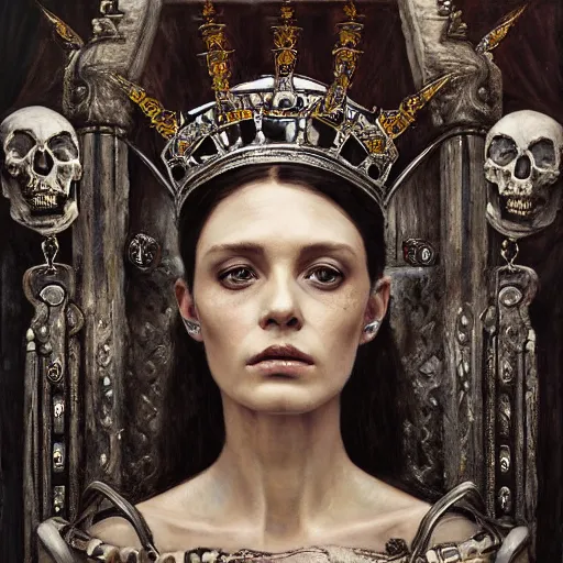 Prompt: queen of bones, sitting on a throne, detailed face, with a crown of skulls, skull earings ( blade runner, cyberpunk ) portrait by john william waterhouse and james gurney and theodore ralli and nasreddine dinet, oil on canvas. cinematic, hyper realism, realistic proportions, dramatic lighting, high detail 4 k