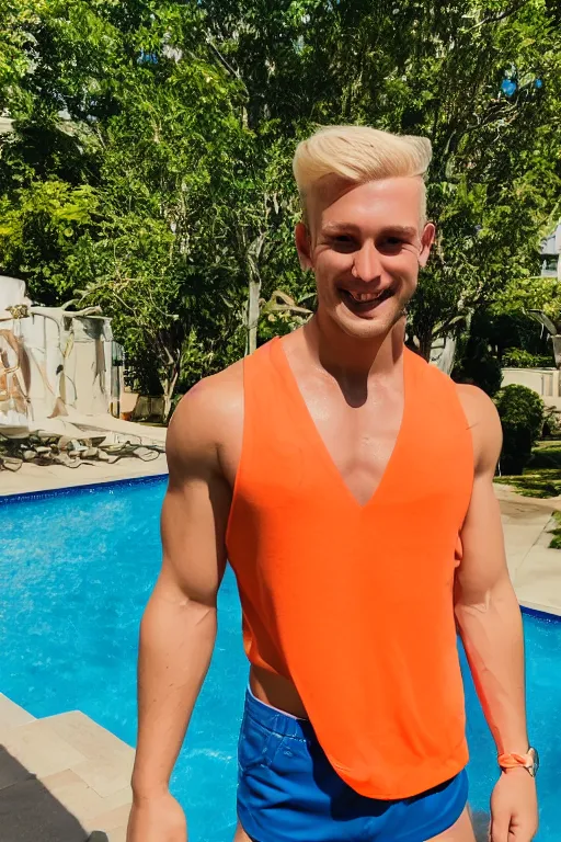 Image similar to a handsome man with blonde hair who is also a male android, ken, muscular, wearing a cut-off white crop top and short light orange shorts stands by a swimming pool, shiny skin, candid smile