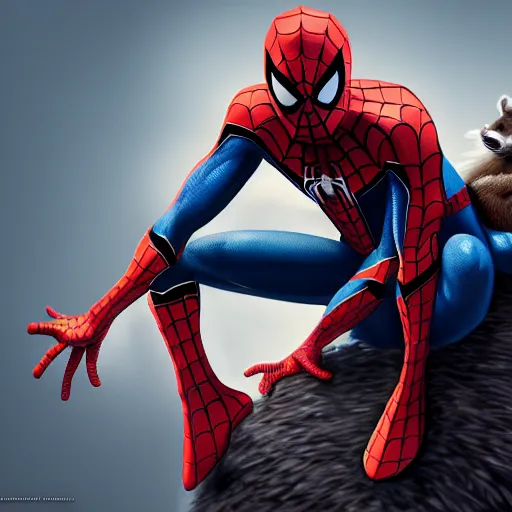 Image similar to spider - man sit on the raccoon and eating donuts, concept art, trending on artstation, highly detailed, intricate, sharp focus, digital art, 8 k