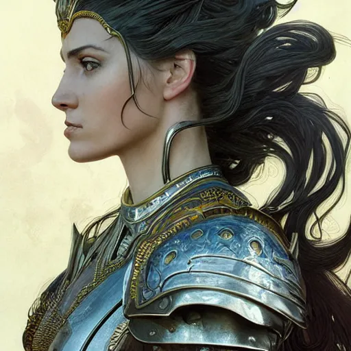 Prompt: Portrait of a gorgeous warrior woman, looking at camera, D&D, sword in hand, beautiful detailed armor, very long flowing hair, intricate, elegant, stylish, serious expression, extremely detailed, digital painting, artstation, concept art, smooth, sharp focus, illustration, stunning lighting, art by artgerm and greg rutkowski and alphonse mucha and simon stalenhag