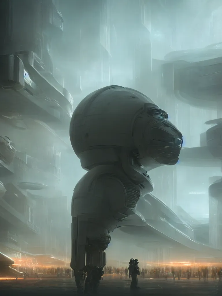 Prompt: cinematic movie scene, 200mm wide shot, precise architectural rendering, soft focus foreground textures, busy futuristic spaceport filled with people, a handsome armored scifi pilot in sharp focus in silhouette stands in the swirling dust, cinematic lighting, soft focus foreground, octane render, volumetric soft lighting, style of Stanley Kubrick cinematography, 8k