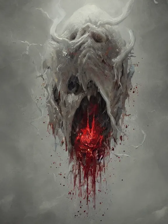 Image similar to painting by greg rutkowski of a flying sorrowful looking human head with tears running down it's eyes, face that is chalk white in color, with long sprawling white tentacles stemming down it's neck, fiery scorching red eyes, flying in a terrying hellish dark cavernous place, minecraft ghast