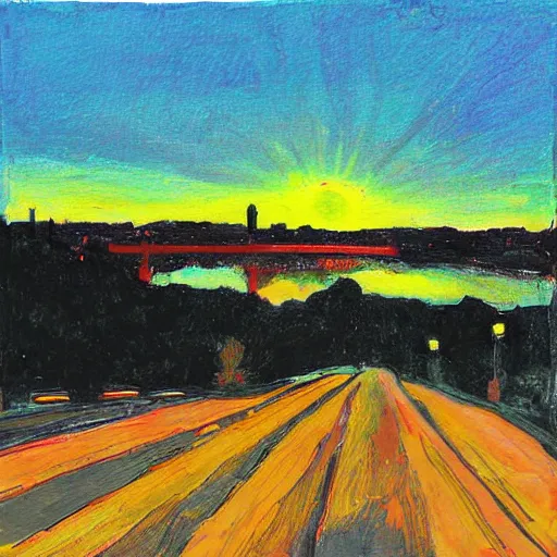 Image similar to pittsburgh, distant, sunset, trees, looking down, art by tom hammick