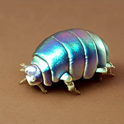 Image similar to 9 0 mm studio photograph tiny, abstract iridescent metallic giant isopod. from a distance. white background!!!!!!!!!!!!!!!!!!. long shot. centered in frame