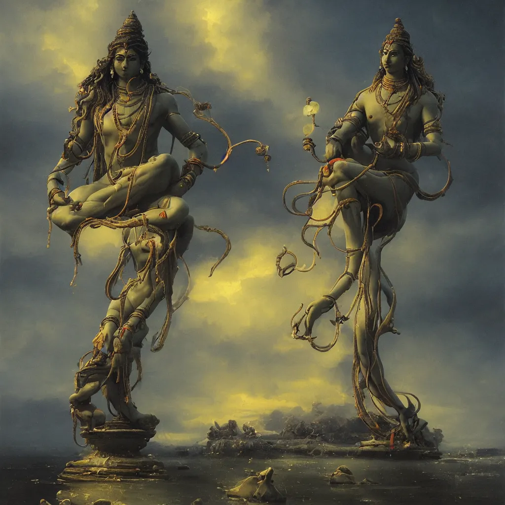 Prompt: One many-armed Shiva sits. In the background gasoline on the water. Dark colors, high detail, hyperrealism, masterpiece, close-up, ceremonial portrait, solo, rich deep colors, realistic, art by Yoshitaka Amano, Ivan Aivazovsky